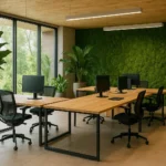 Duurzaam kantoorinterieur met grote kamerplanten, houten meubels, veel daglicht en groene materialen, zonder mensen of tekst.