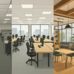 Visuele evolutie van kantoorruimtes: van grijze cubicles uit de jaren ’80 naar moderne open kantoren en inspirerende coworking spaces zonder mensen of tekst.