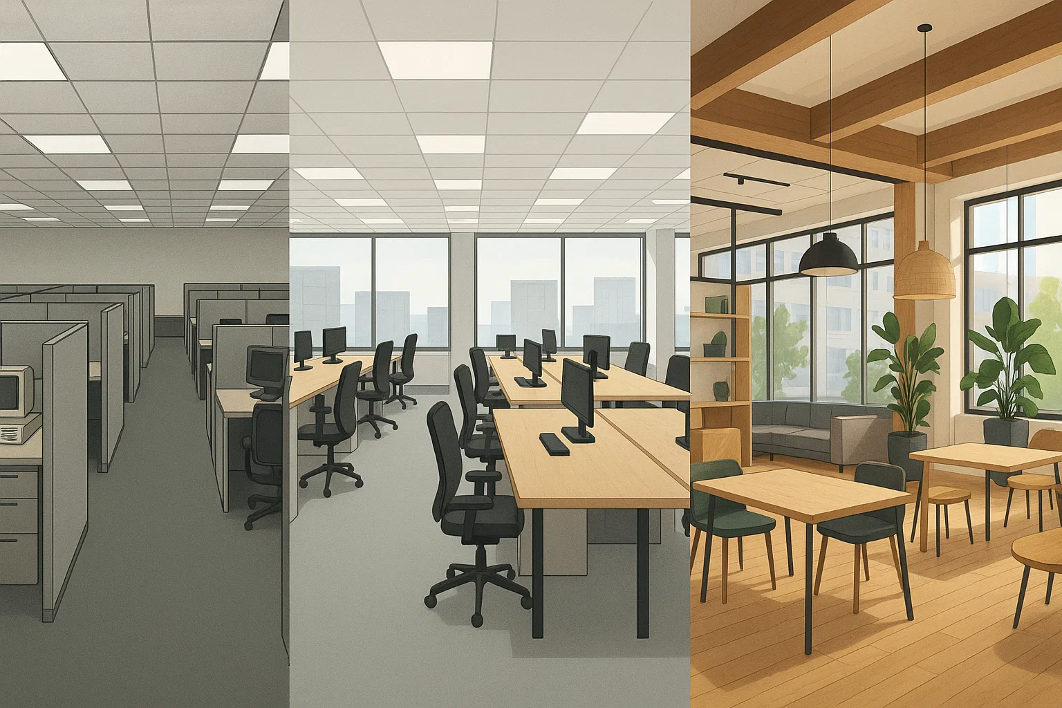 Visuele evolutie van kantoorruimtes: van grijze cubicles uit de jaren ’80 naar moderne open kantoren en inspirerende coworking spaces zonder mensen of tekst.