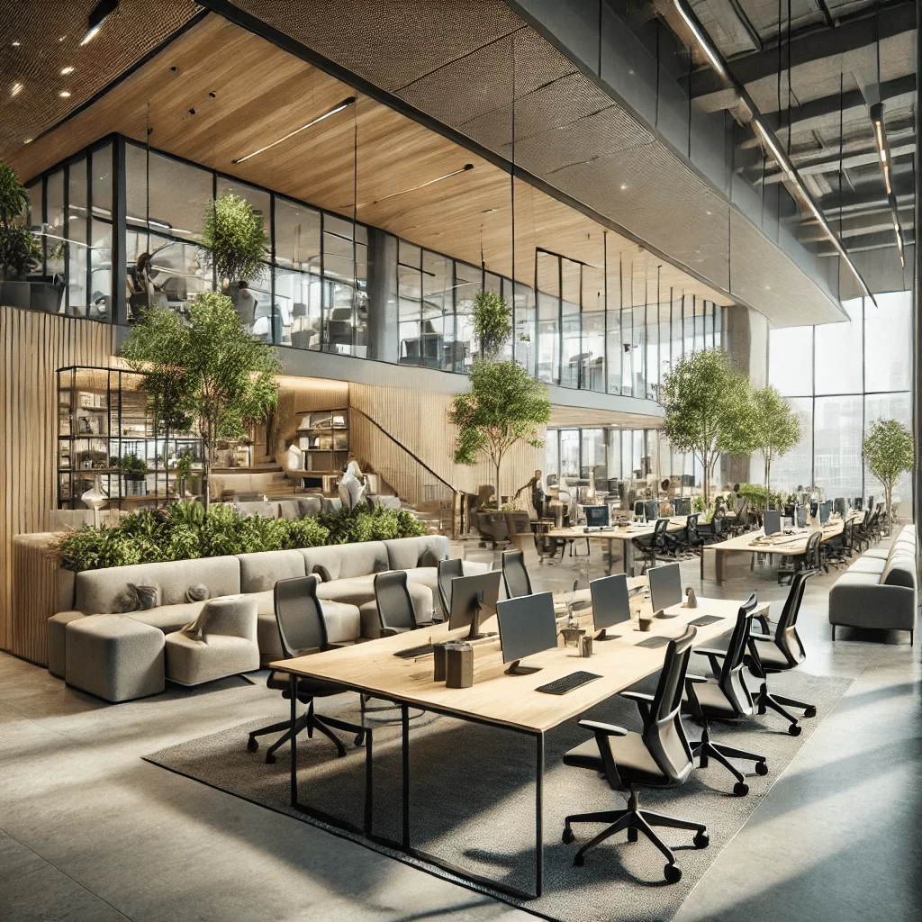 Contemporary office space with open-plan design, wooden accents, indoor greenery, and a mix of workstations and lounge areas.