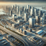 Modern city skyline with skyscrapers by a river, featuring a bridge, docks with yachts, and a mix of old and new architecture