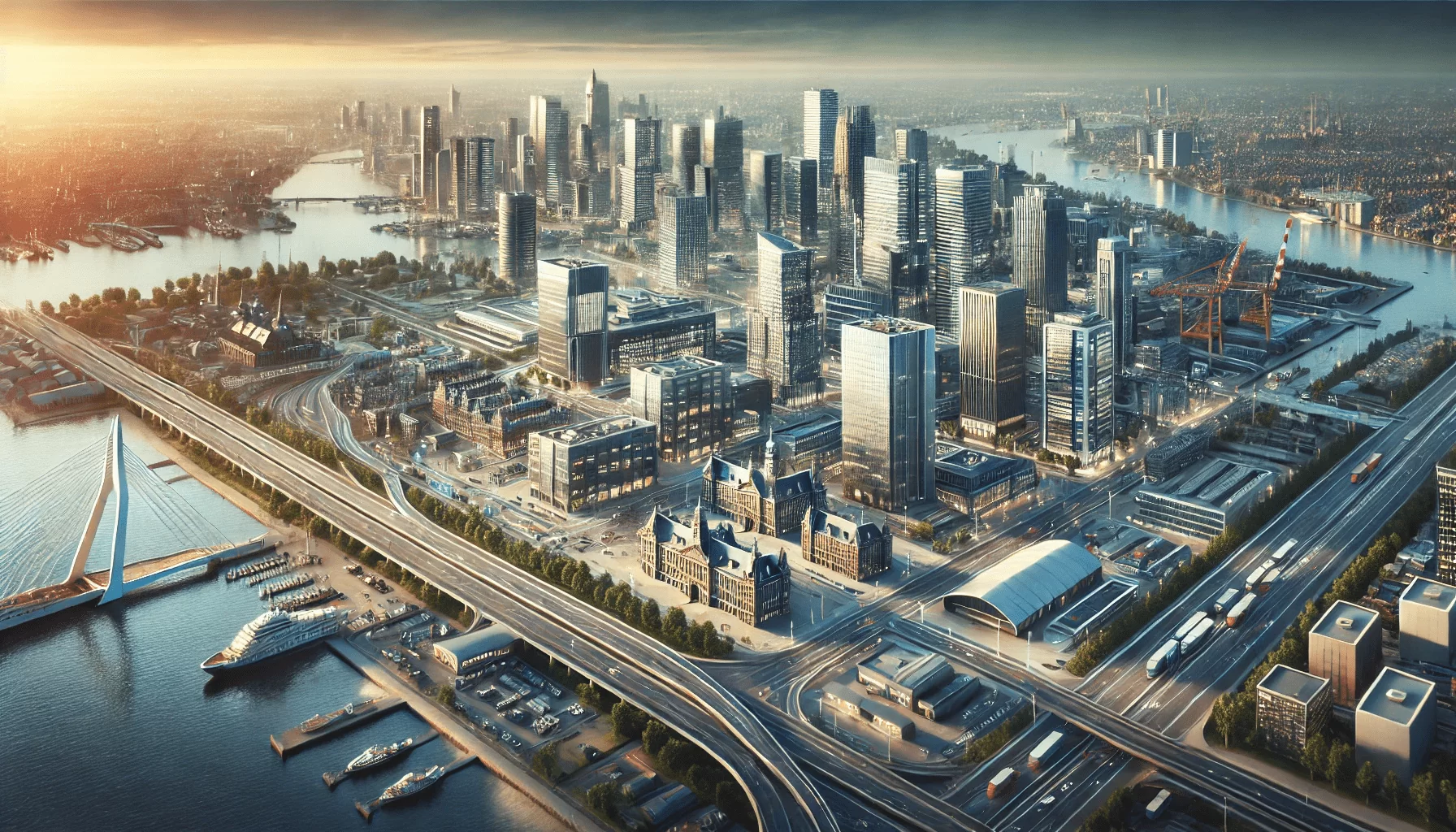 Modern city skyline with skyscrapers by a river, featuring a bridge, docks with yachts, and a mix of old and new architecture