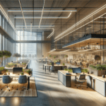 Modern open office space with large windows, natural lighting
