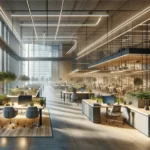 Modern open office space with large windows, natural lighting