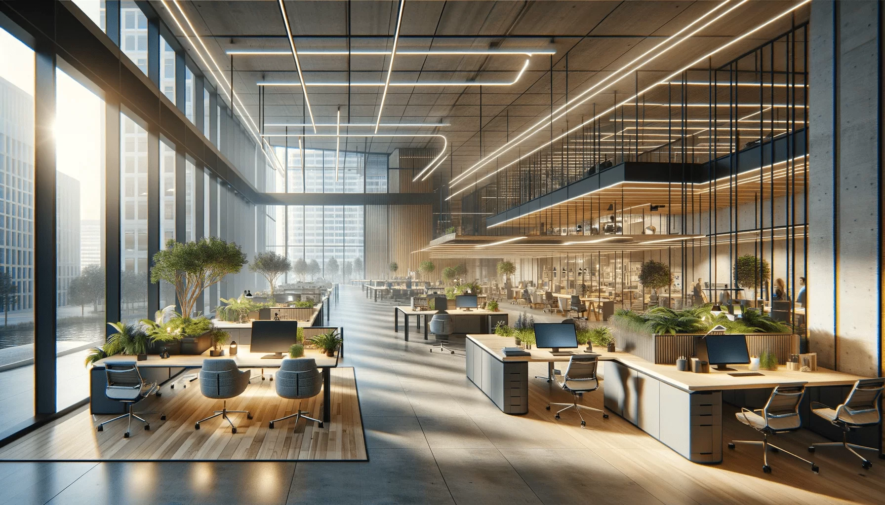 Modern open office space with large windows, natural lighting