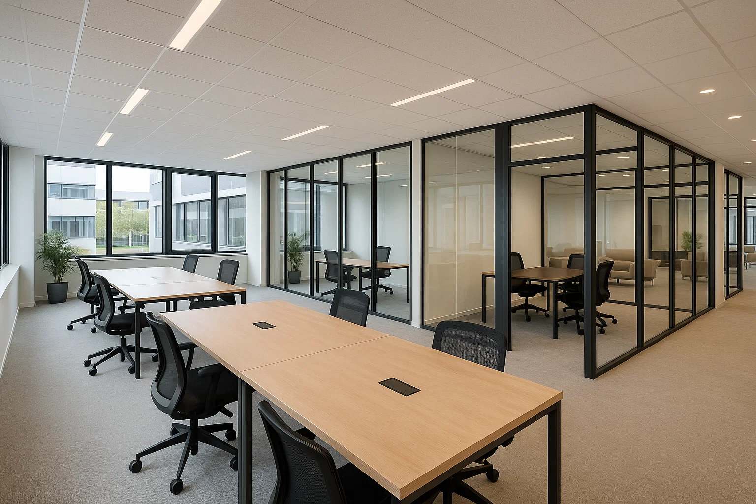 Moderne kant-en-klare kantoorruimte in Nederland met ergonomische meubels, coworkingzones en gedeelde voorzieningen, zonder mensen of tekst.