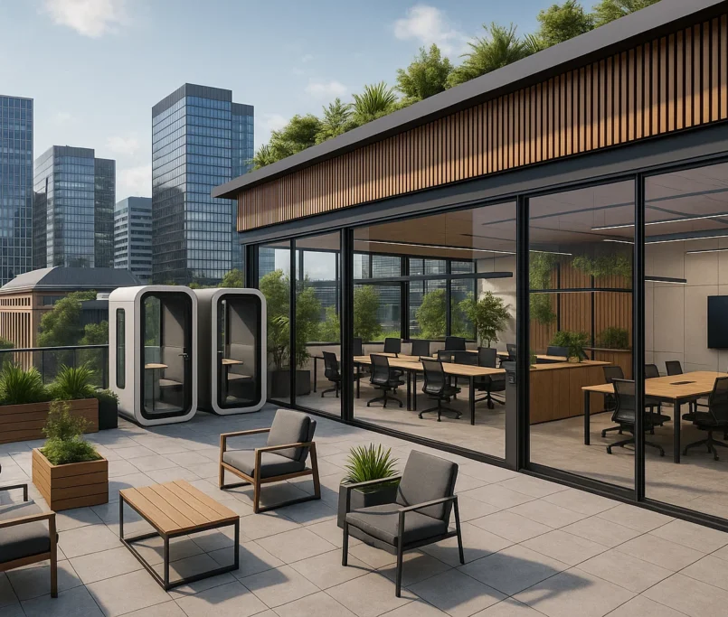 Coworkingruimte met dakterras in een zakendistrict, inclusief focuspods, gedeelde vergaderruimtes, veel daglicht en duurzame elementen vlakbij een universiteit