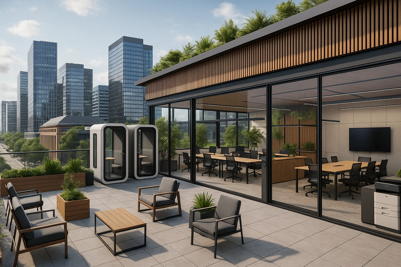 Coworkingruimte met dakterras in een zakendistrict, inclusief focuspods, gedeelde vergaderruimtes, veel daglicht en duurzame elementen vlakbij een universiteit