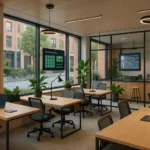 Flexibele coworkinghub boven een koffiebar met moderne inrichting, digitale boekingsschermen en duurzame elementen in een creatieve stadswijk