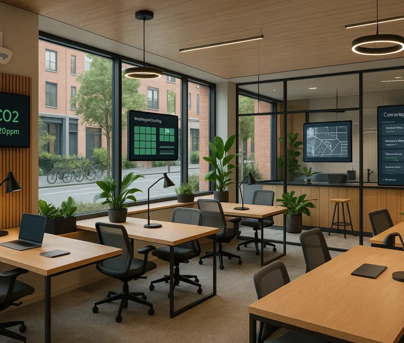 Flexibele coworkinghub boven een koffiebar met moderne inrichting, digitale boekingsschermen en duurzame elementen in een creatieve stadswijk