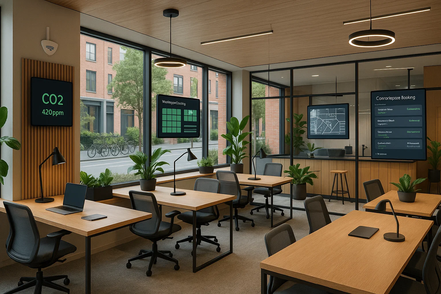 Flexibele coworkinghub boven een koffiebar met moderne inrichting, digitale boekingsschermen en duurzame elementen in een creatieve stadswijk