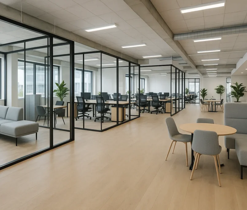 Flexibele kantoorruimte in Nederland met moderne inrichting en aanpasbare werkplekken.