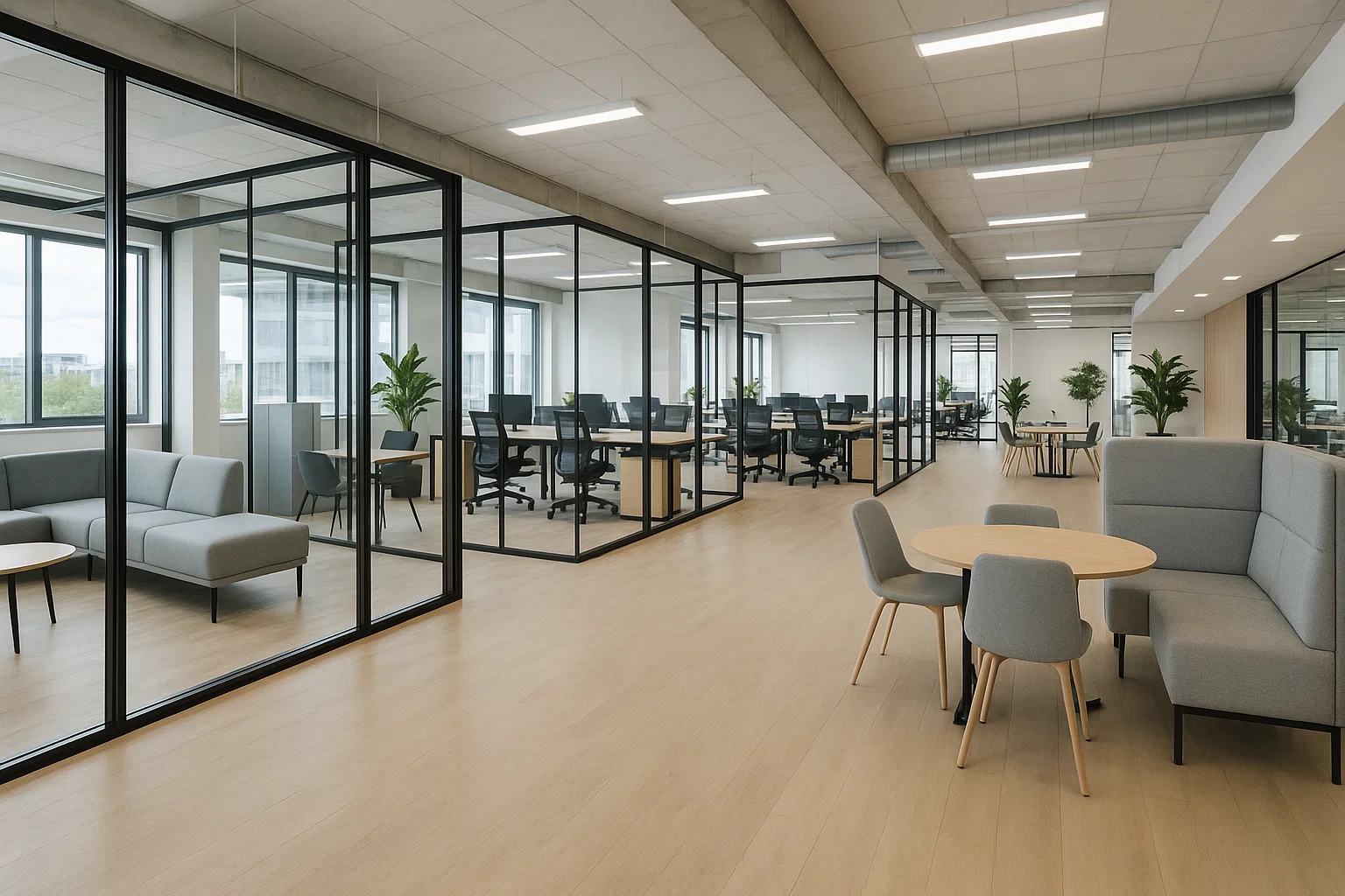 Flexibele kantoorruimte in Nederland met moderne inrichting en aanpasbare werkplekken.