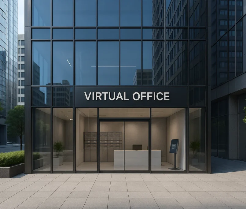 Zakelijk gebouw dat dient als virtueel kantoor, met professionele uitstraling en diensten zoals postverwerking en telefoonservice — zonder fysieke werkplekken.
