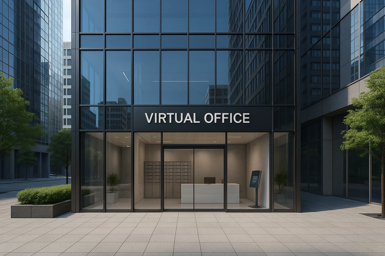 Zakelijk gebouw dat dient als virtueel kantoor, met professionele uitstraling en diensten zoals postverwerking en telefoonservice — zonder fysieke werkplekken.