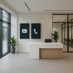 Moderne ontvangstruimte van een virtueel kantoor met glazen gevel, digitale voorzieningen en toegang tot vergaderruimtes.