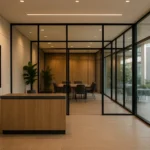 Moderne receptieruimte van een virtueel kantoor met glazen gevel, digitale faciliteiten en stijlvolle inrichting.
