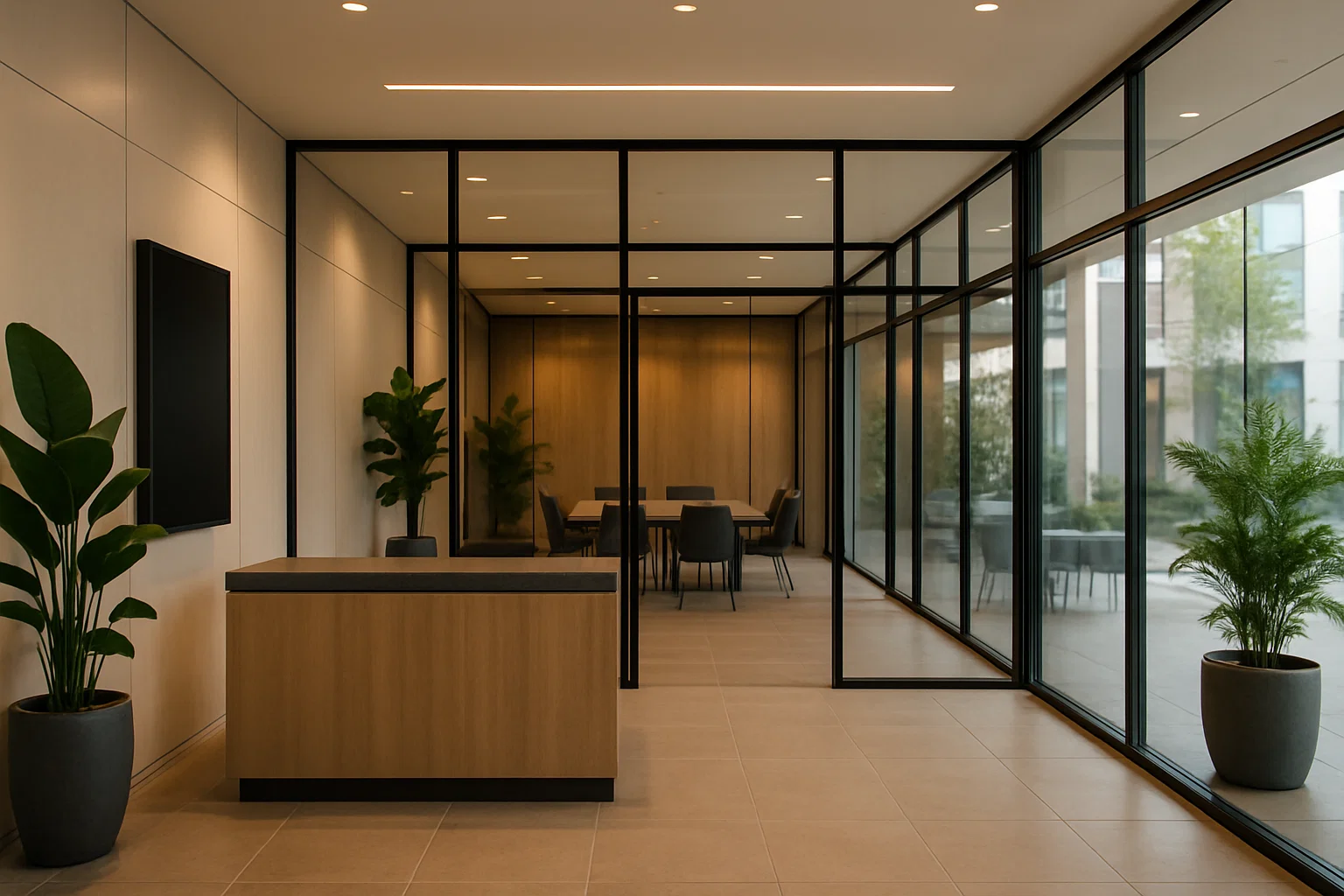 Moderne receptieruimte van een virtueel kantoor met glazen gevel, digitale faciliteiten en stijlvolle inrichting.