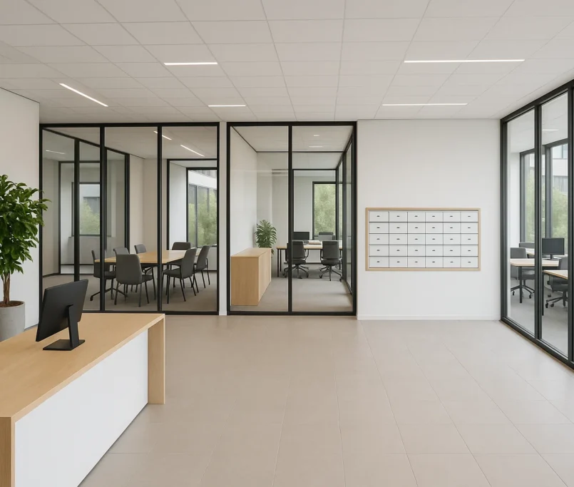 Moderne virtuele kantoorruimte in Nederland met ontvangstbalie, glazen vergaderruimtes en gedeelde werkplekken.