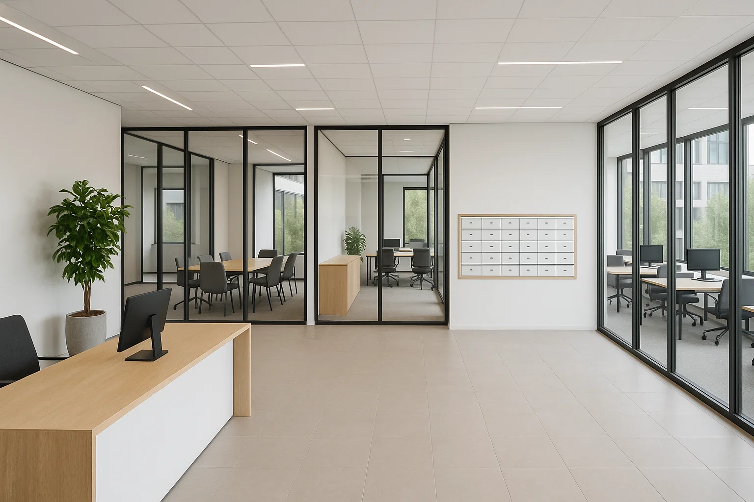 Moderne virtuele kantoorruimte in Nederland met ontvangstbalie, glazen vergaderruimtes en gedeelde werkplekken.