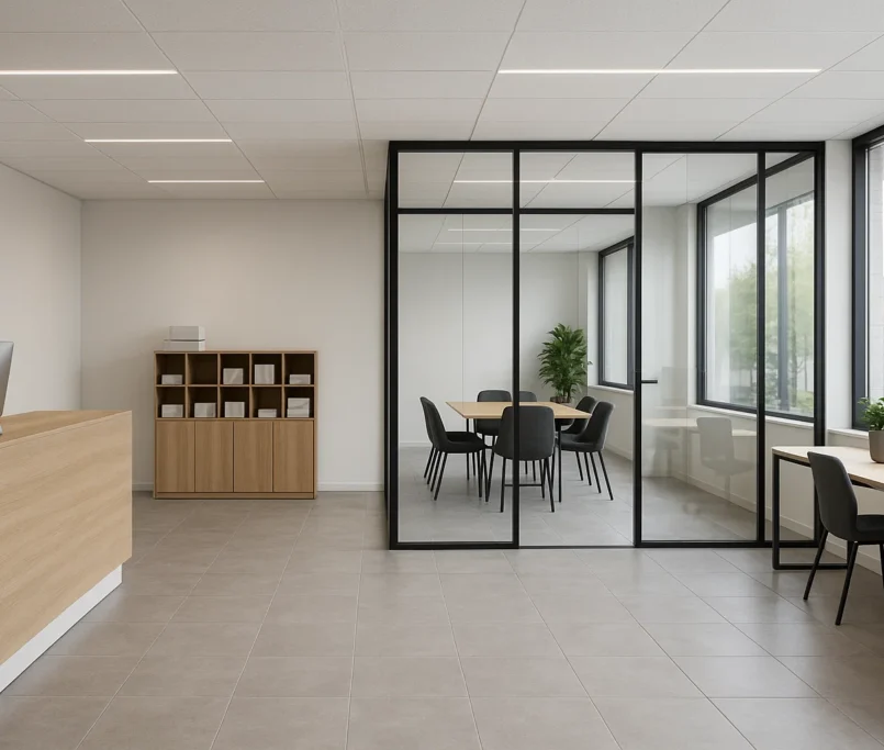 Virtueel kantoor voor kleine bedrijven met ontvangstbalie, vergaderruimte en coworkingzone.
