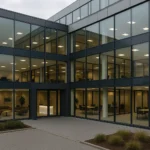Modern kantoorgebouw in Nederland met coworking lounge, vergaderruimtes en digitale receptie, geschikt voor virtual office diensten.