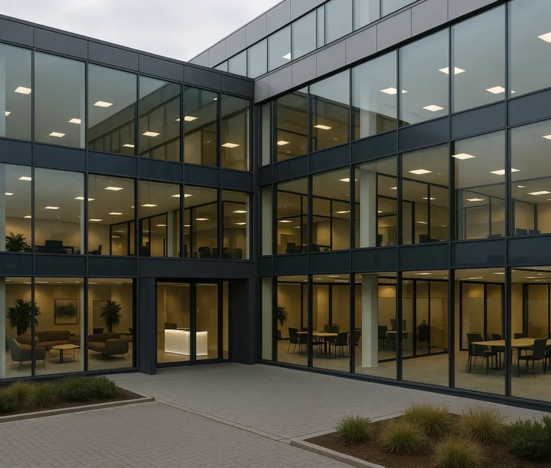 Modern kantoorgebouw in Nederland met coworking lounge, vergaderruimtes en digitale receptie, geschikt voor virtual office diensten.