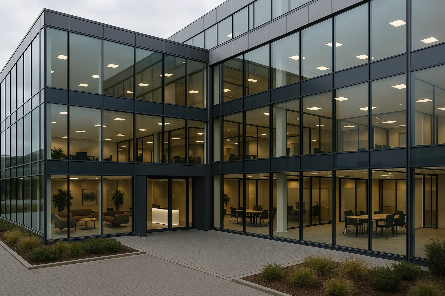 Modern kantoorgebouw in Nederland met coworking lounge, vergaderruimtes en digitale receptie, geschikt voor virtual office diensten.
