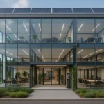 Modern zakelijk centrum in Nederland met coworkingruimtes, vergaderzalen en duurzame architectuur voor virtual office diensten.