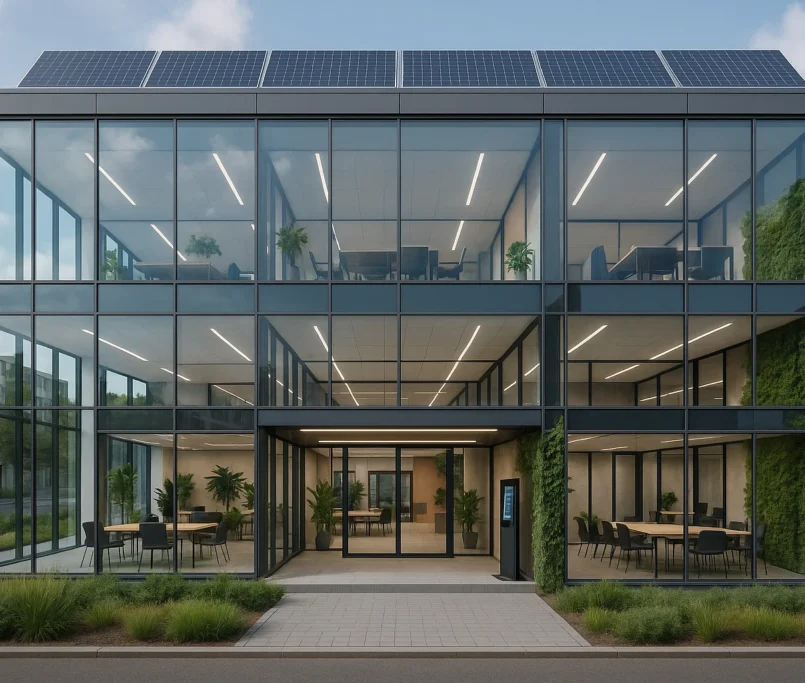 Modern zakelijk centrum in Nederland met coworkingruimtes, vergaderzalen en duurzame architectuur voor virtual office diensten.