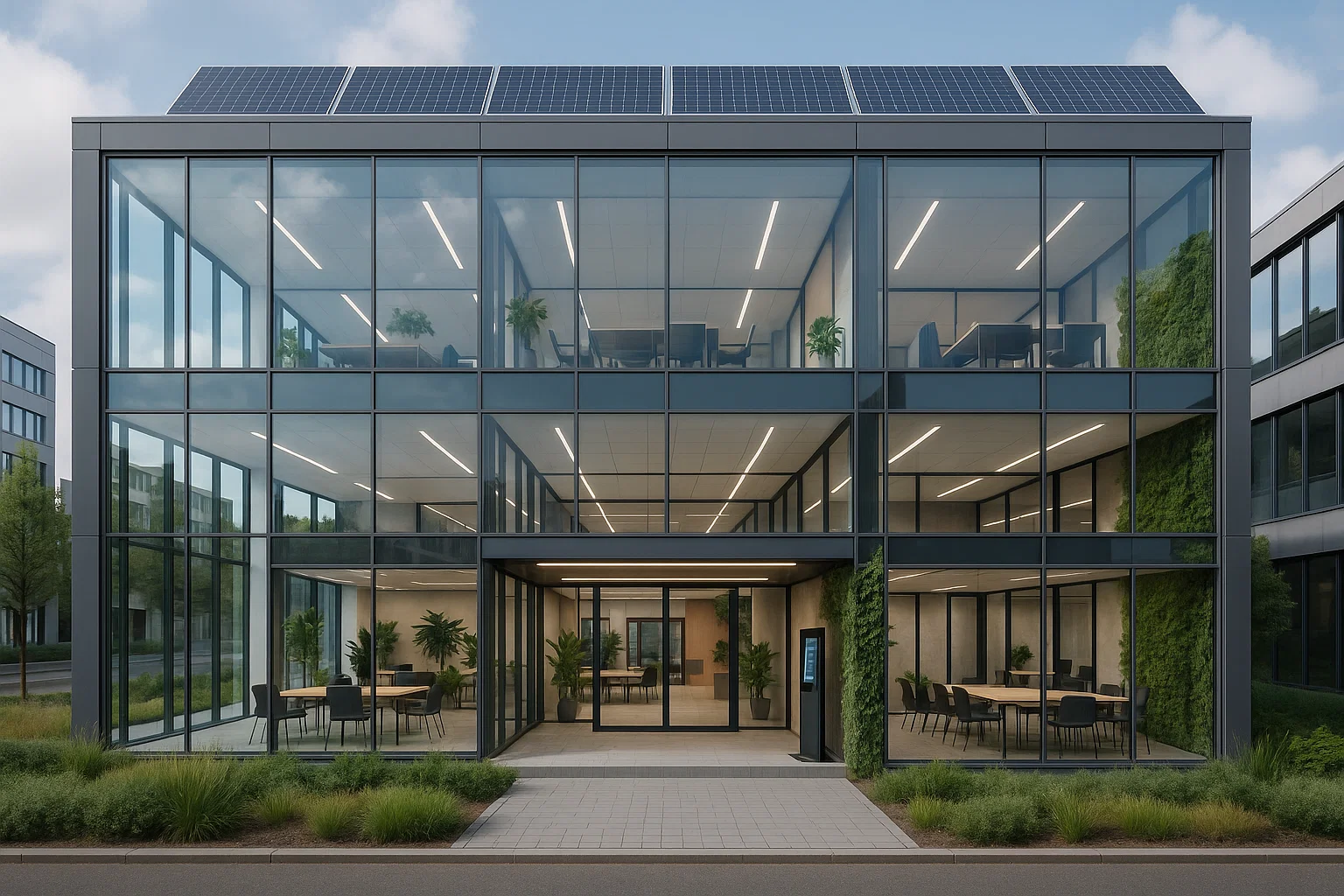 Modern zakelijk centrum in Nederland met coworkingruimtes, vergaderzalen en duurzame architectuur voor virtual office diensten.