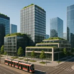 Moderne kantoorgebouwen in een zakendistrict van Amsterdam met duurzame architectuur en groene daken