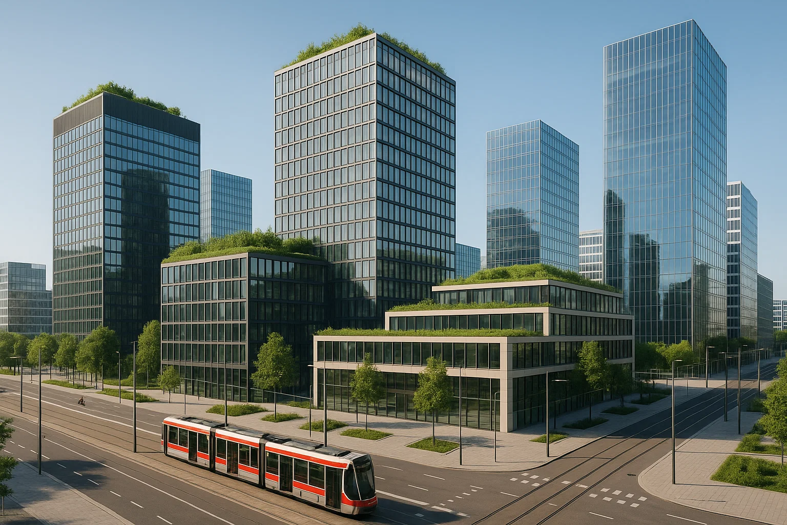 Moderne kantoorgebouwen in een zakendistrict van Amsterdam met duurzame architectuur en groene daken