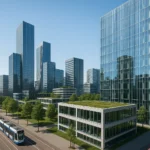 Moderne zakendistricten in Amsterdam, Rotterdam en Den Haag met glazen kantoortorens en duurzame architectuur