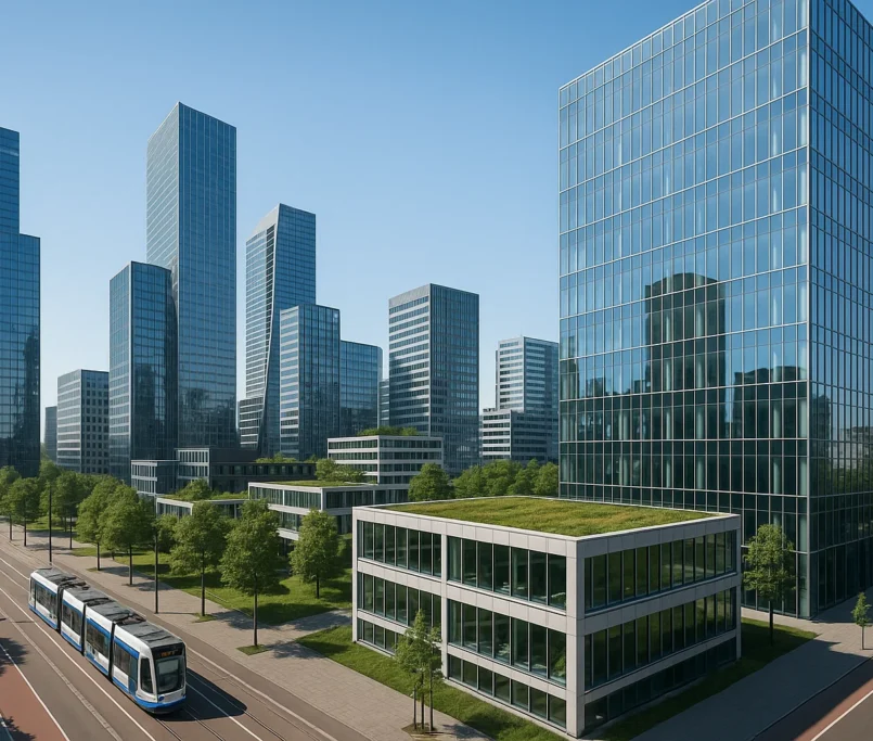 Moderne zakendistricten in Amsterdam, Rotterdam en Den Haag met glazen kantoortorens en duurzame architectuur