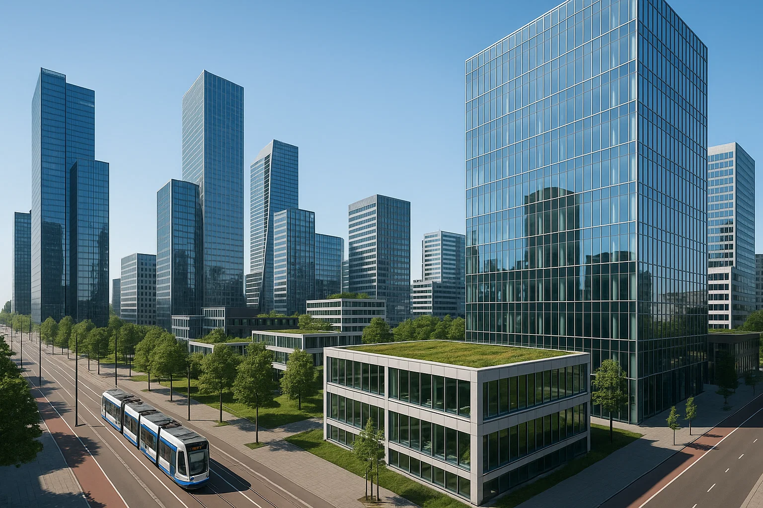 Moderne zakendistricten in Amsterdam, Rotterdam en Den Haag met glazen kantoortorens en duurzame architectuur