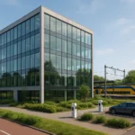Fotorealistische afbeelding van een modern kantoor naast een treinstation en fietspad in Nederland, met duurzame architectuur en groene omgeving.