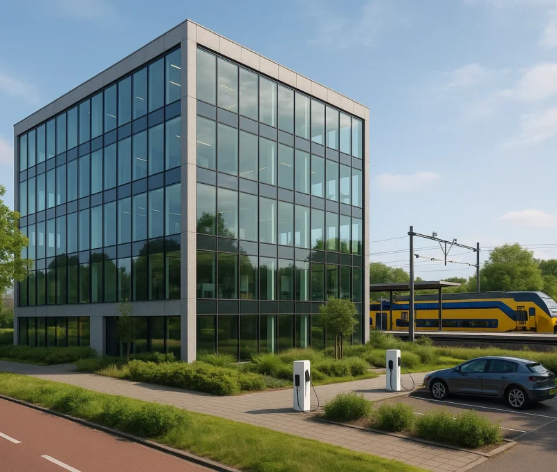 Fotorealistische afbeelding van een modern kantoor naast een treinstation en fietspad in Nederland, met duurzame architectuur en groene omgeving.