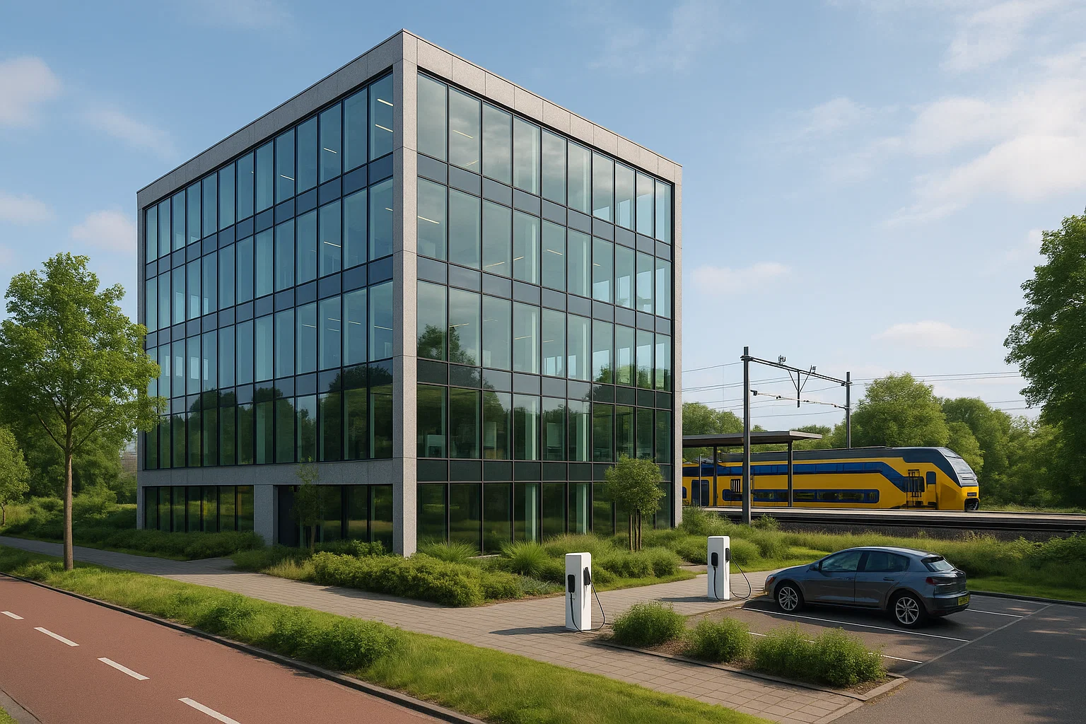 Fotorealistische afbeelding van een modern kantoor naast een treinstation en fietspad in Nederland, met duurzame architectuur en groene omgeving.