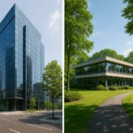 Fotorealistische vergelijking van een stedelijk kantoorgebouw met glazen gevel en een groen, duurzaam bedrijvencentrum in een rustige buitenwijk.