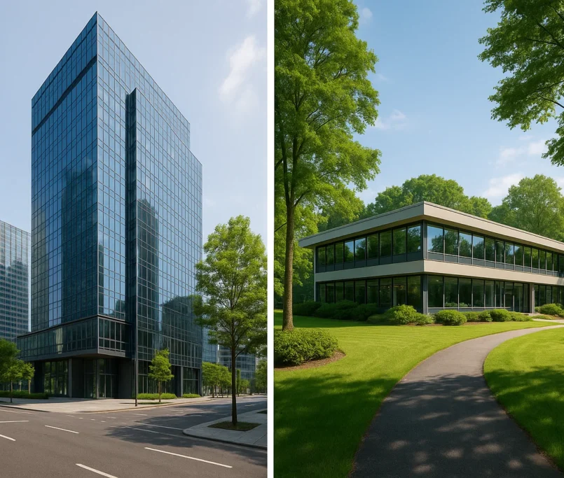 Fotorealistische vergelijking van een stedelijk kantoorgebouw met glazen gevel en een groen, duurzaam bedrijvencentrum in een rustige buitenwijk.