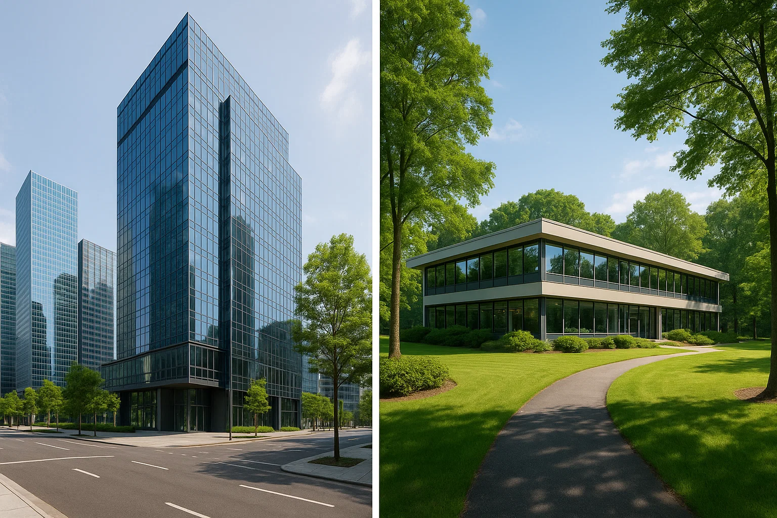 Fotorealistische vergelijking van een stedelijk kantoorgebouw met glazen gevel en een groen, duurzaam bedrijvencentrum in een rustige buitenwijk.