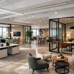 Kantoorindeling met open werkplekken en afgesloten zones voor focus.