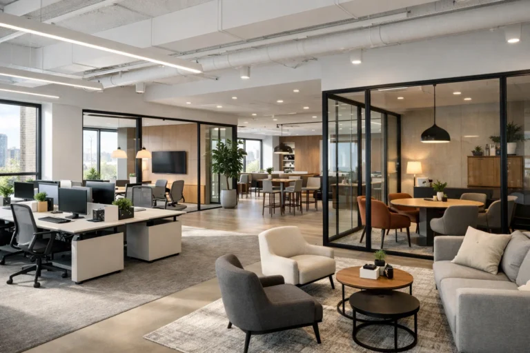 Kantoorindeling met open werkplekken en afgesloten zones voor focus.