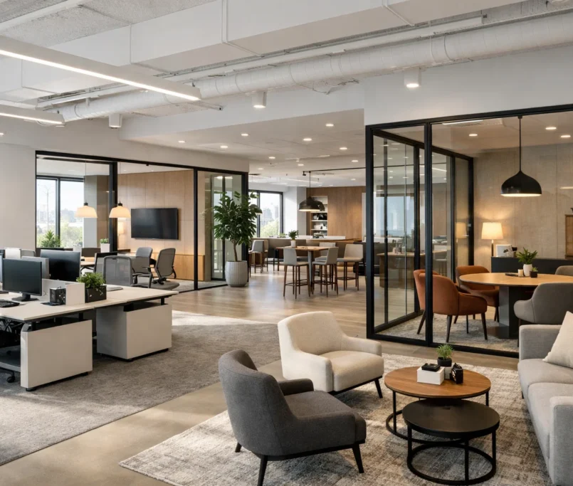 Kantoorindeling met open werkplekken en afgesloten zones voor focus.