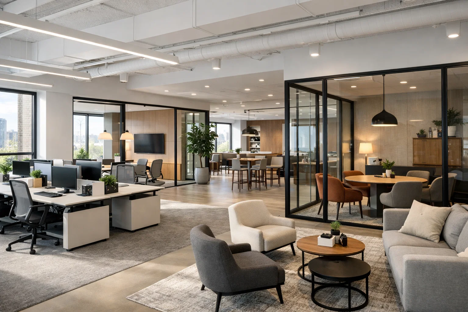 Kantoorindeling met open werkplekken en afgesloten zones voor focus.