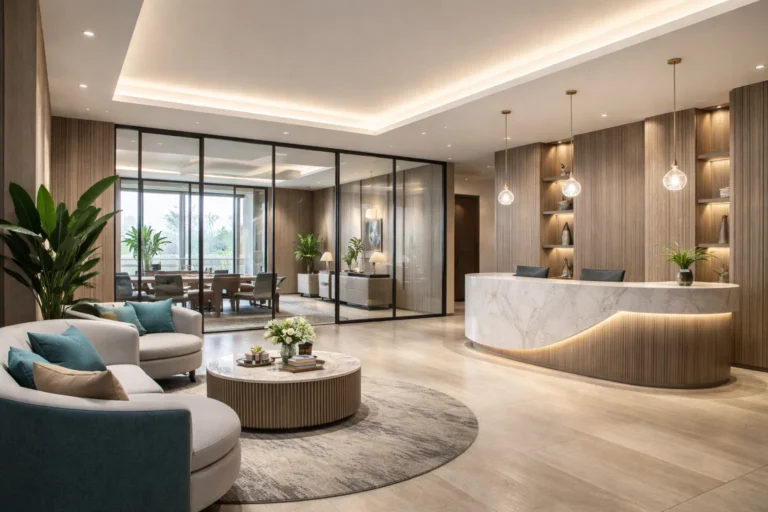 Kantoorruimte in een business center met maatwerk interieuraccenten.