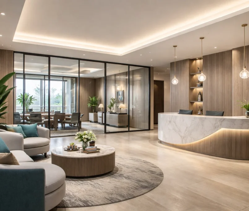 Kantoorruimte in een business center met maatwerk interieuraccenten.