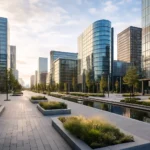 Modern zakelijk district met goed bereikbare kantoorgebouwen.