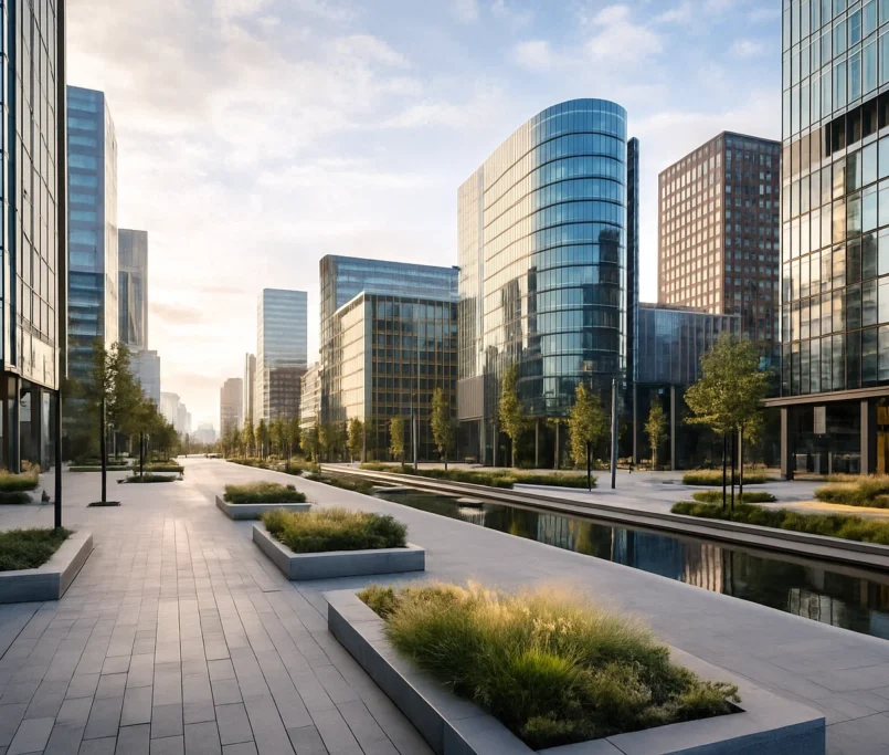 Modern zakelijk district met goed bereikbare kantoorgebouwen.